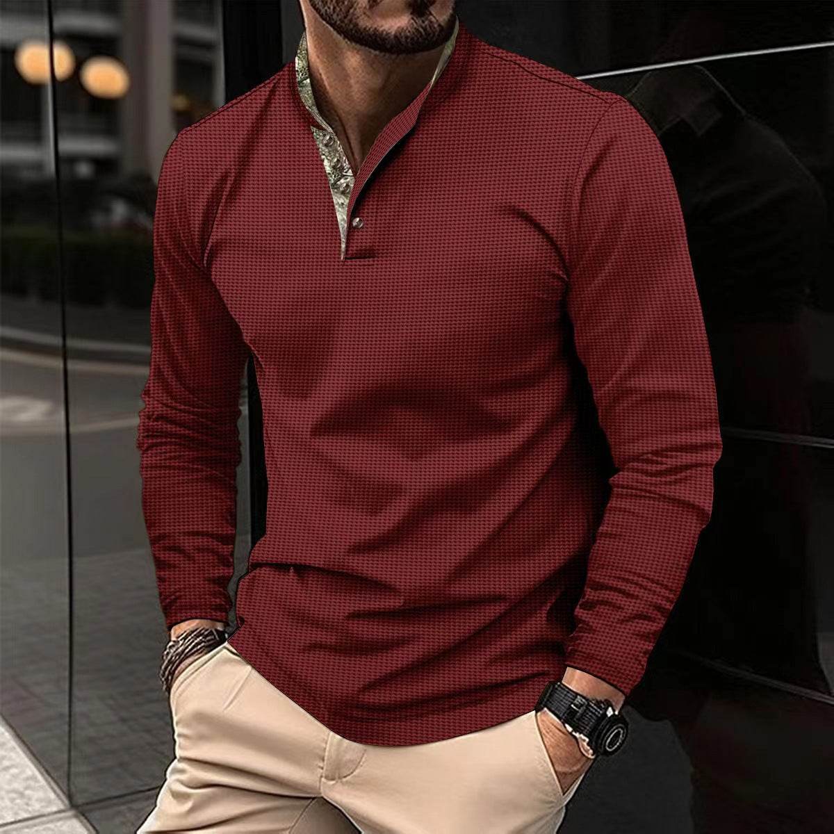 Men's Double Layer Lapel Polo Shirt Fashion Waffle Long-sleeved Tops Clothing - Velora