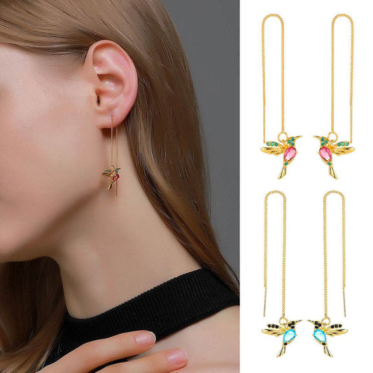 Fashion Jewelry New Unique Little Bird Drop Long Hanging Hummingbird Earrings For Women Elegant Girl Tassel Crystal Pendant Earring Jewelry - Velora