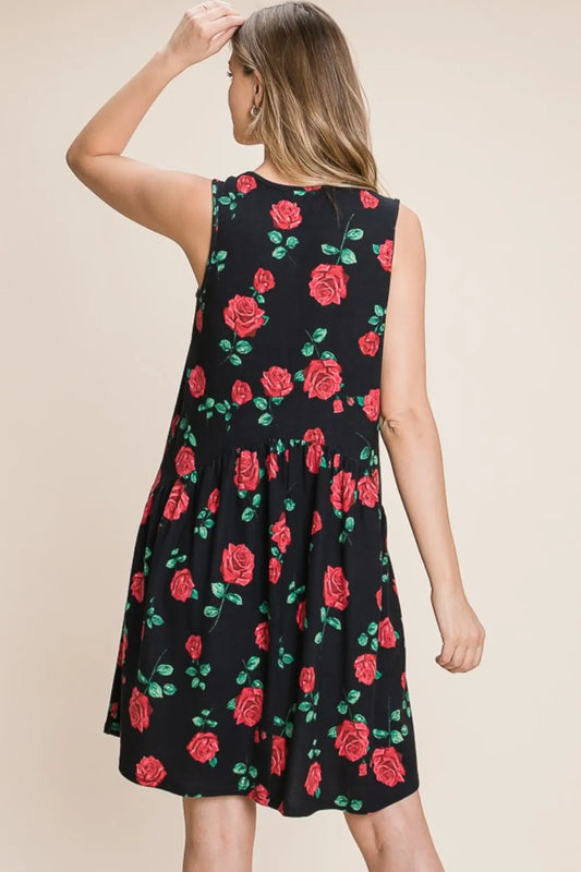 BOMBOM Floral Ruched Tank Dress - Velora