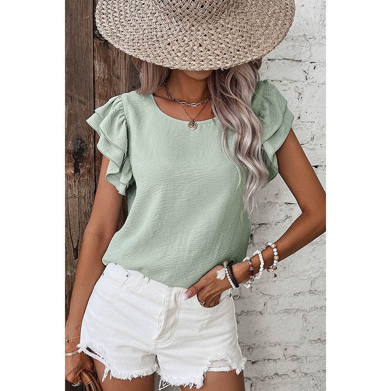 Summer Solid Color Petal Sleeve Pullover Women - Velora