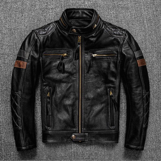 First Layer Cowhide Leather Coat Men's Stand Collar Motorcycle Cycling Clothing - Velora