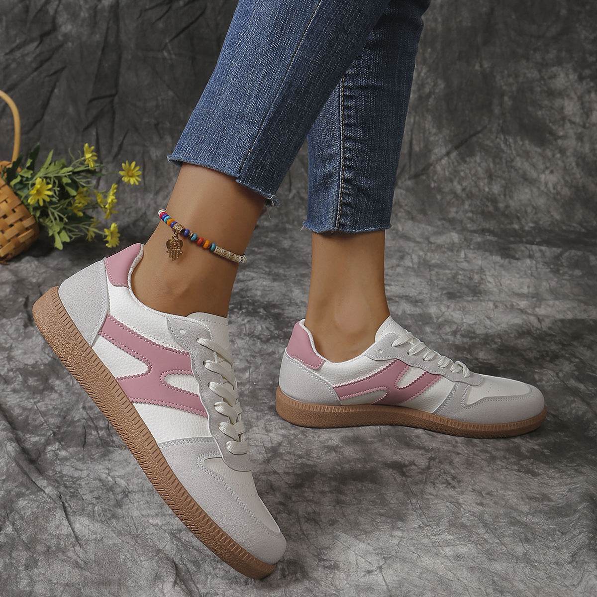 New Colorblock Lace-up Flats Shoes Fashion Round Toe Slip On Casual Shoes For Women - Velora