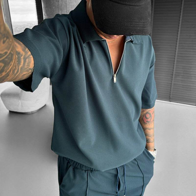 Summer Fashion Mens Clothing Men's Suits New Zipper Polo Casual Short Sleeve Drawstring Shorts Men's Set - Velora