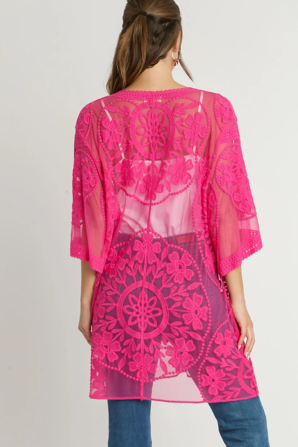 Umgee Full Size Floral Lace Open Front Kimono Sleevee Cover Up with Waist Tie Plus Size - Velora