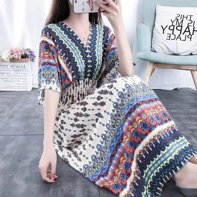 Cotton Silk Floral Dress Women's Summer Ethnic Style V-neck Short Sleeve Pastoral Style Skirt - Velora