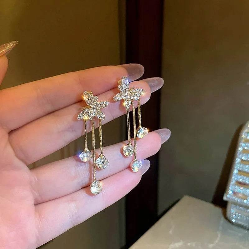 Fashion Jewelry Shiny Butterfly Rhinestone Drop Dangle Earrings Women Elegant Long Pearl Tassel Chain Pendant Party Jewelry - Velora