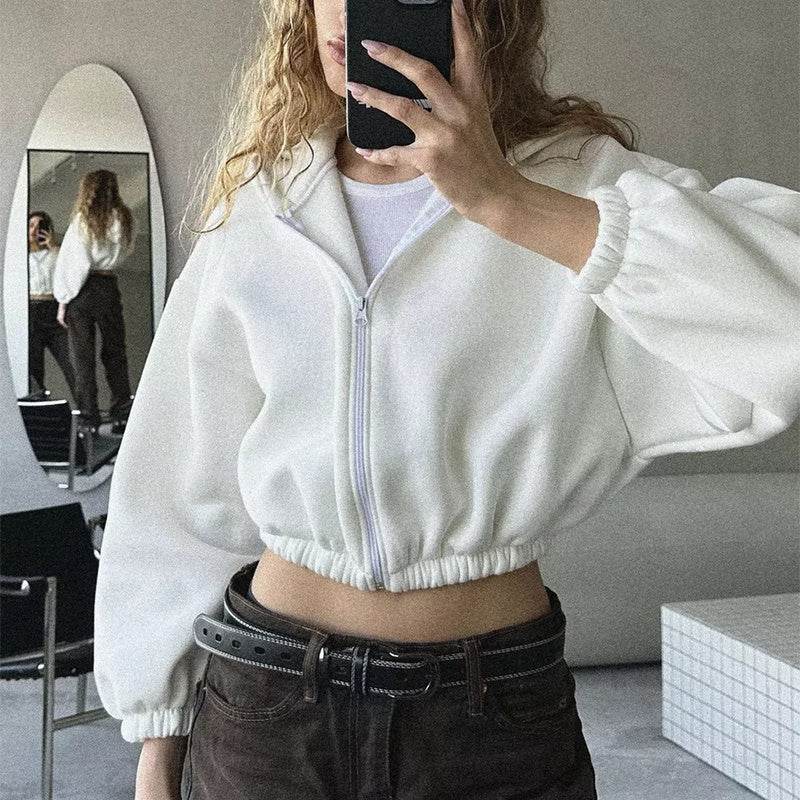 Casual Solid Color Hooded Short Jacket Y2K Fashion Sports Sweatshirt Long Sleeve Zip Up Cardigan Hoodies Women's Clothing - Velora