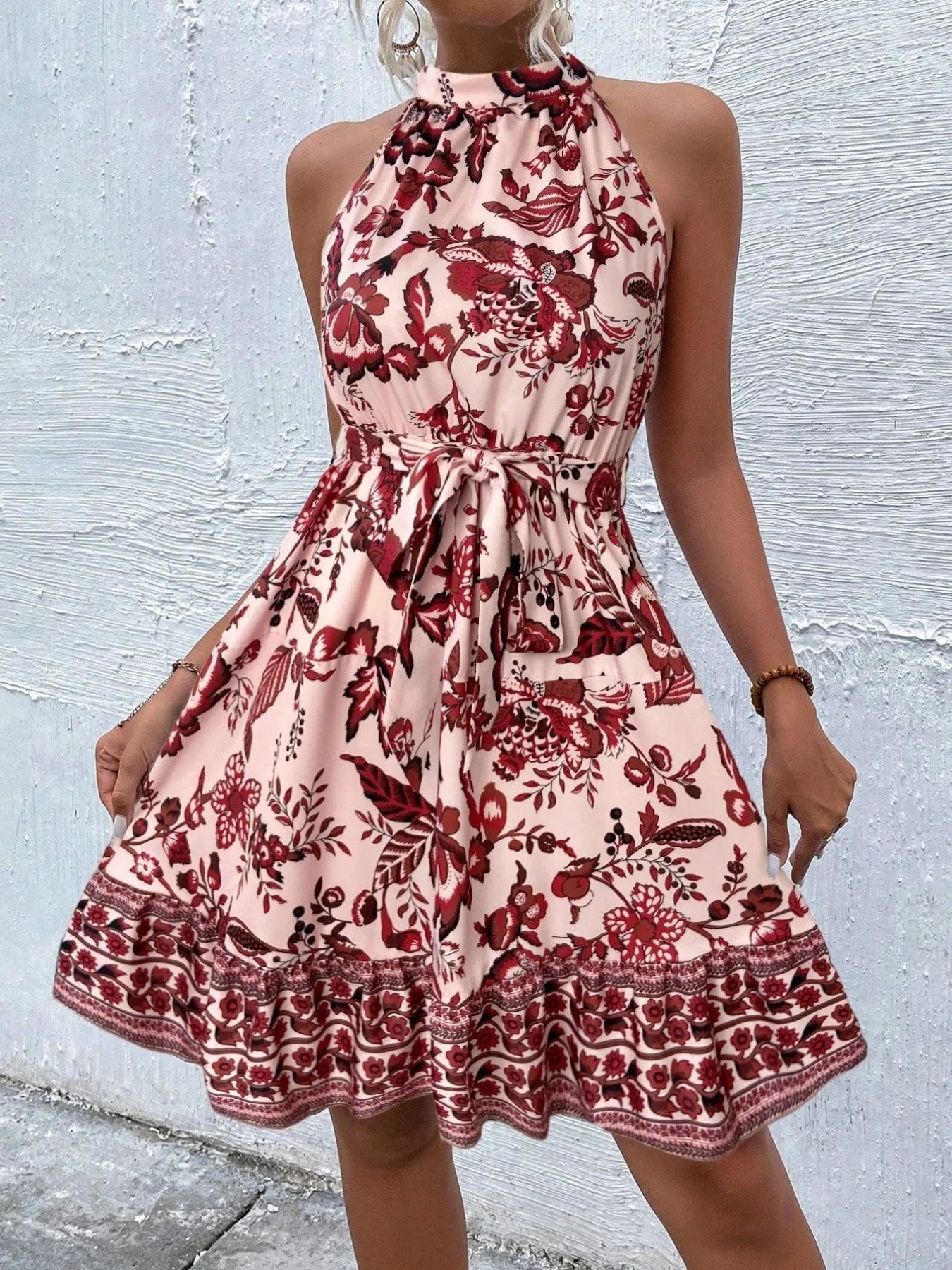 Floral Halter Neck Summer Dress with Belt - Velora