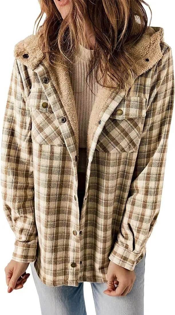 Casual Plaid Hooded Woolen Coat Thickened Fleece-lined Warm Jacket - Velora