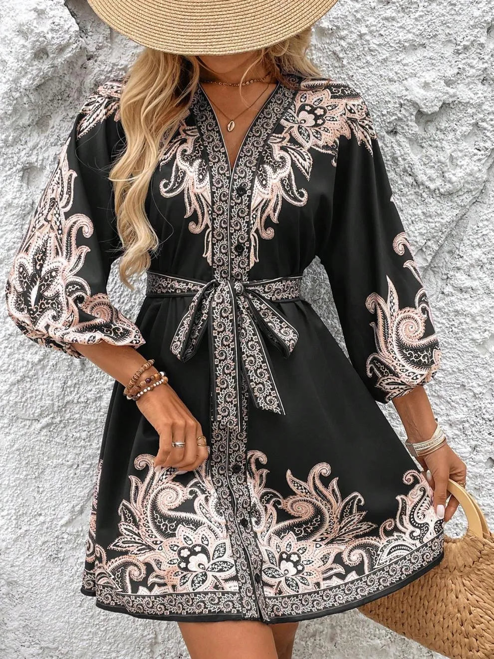 Paisley V-Neck 3/4 Sleeve Mini Dress - Velora