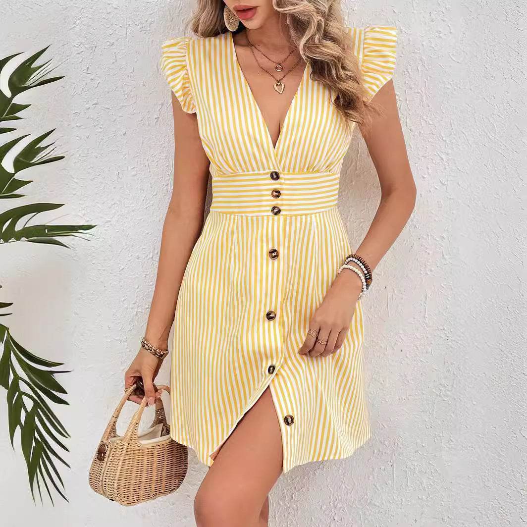 Summer V-neck Single-breasted Fly-sleeve Women's Shirt Dresses With Elegant Splicing Stripe Printing Beach Style Dress - Velora