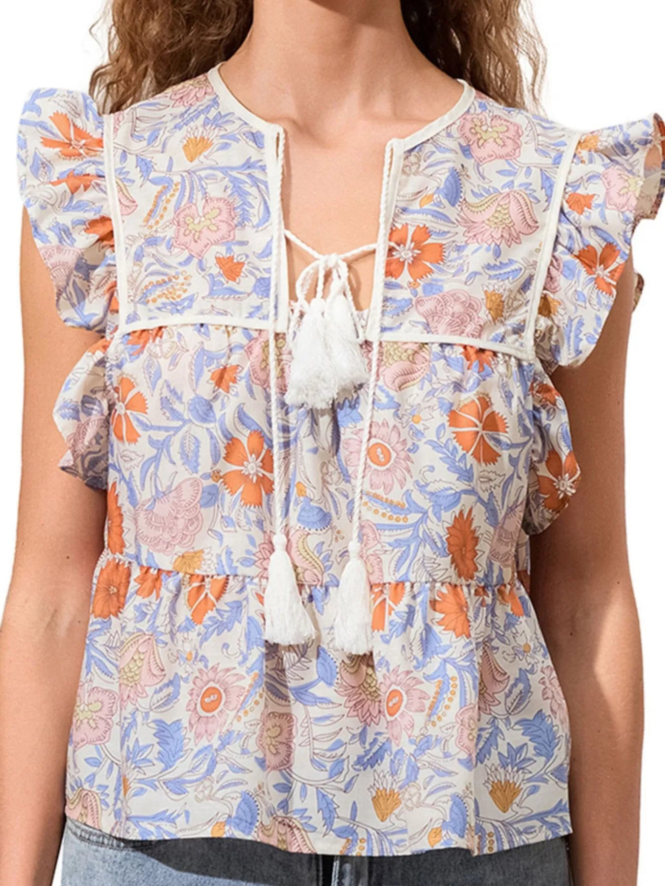 Tassel Ruffled Striped Blouse - Velora