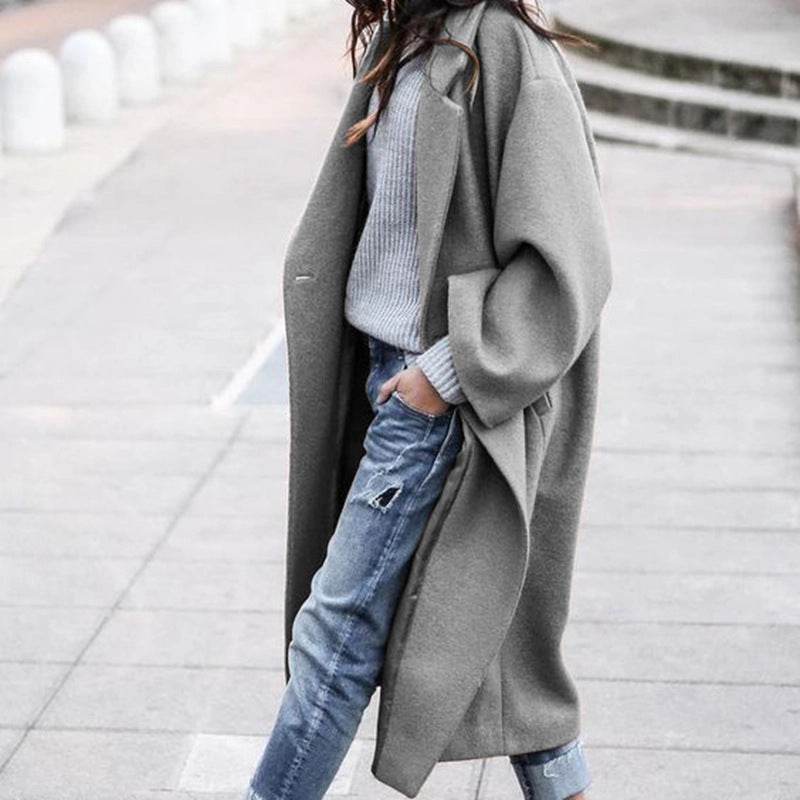 Casual Long Jacket With Pockets Solid Color Single Breasted Lapel Woolen Coat For Women Warm Winter Clothing - Velora
