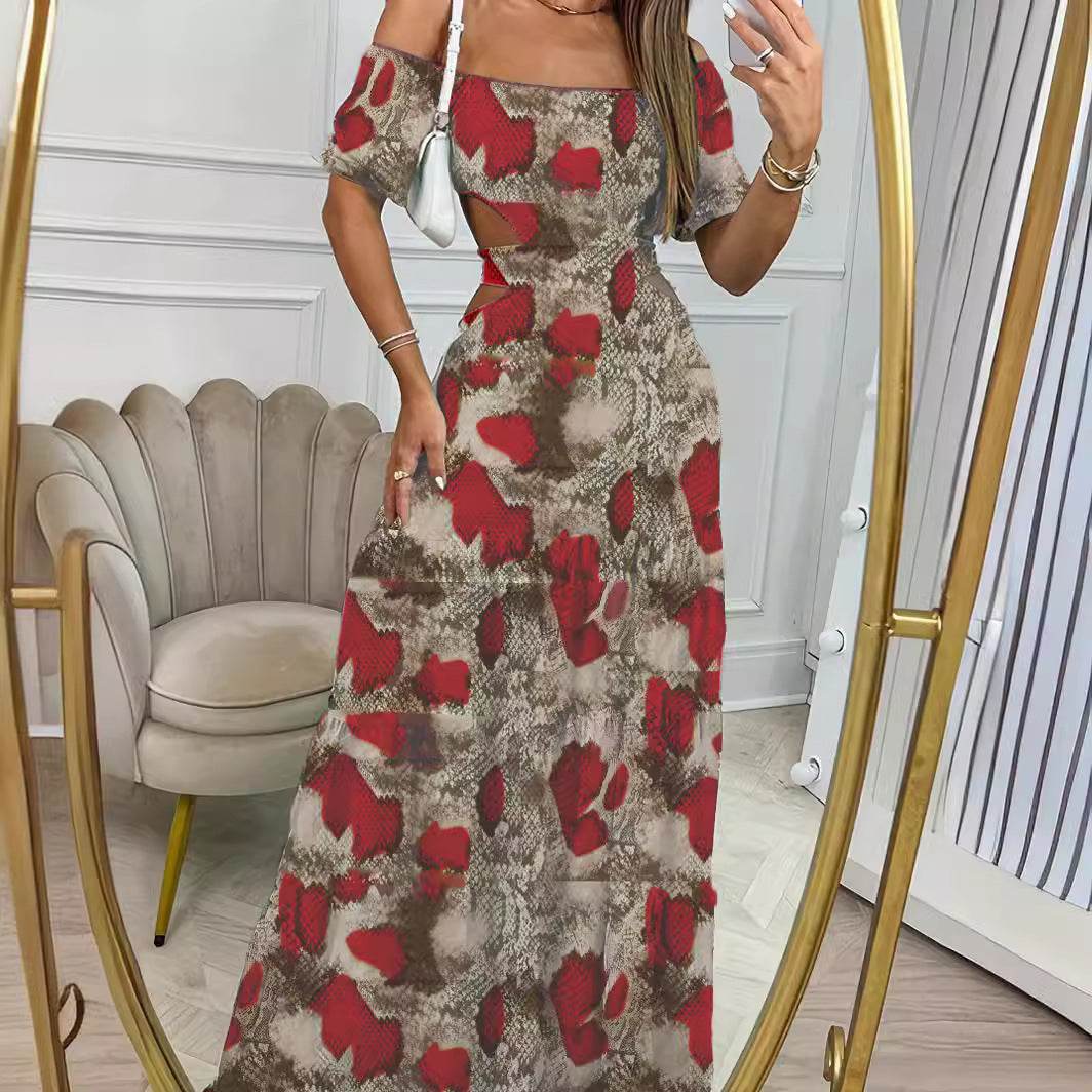 Printed One-line Collar Short-sleeved Long Dress With Hollow Waist Design Summer Vacation Dresses For Women Clothing - Velora