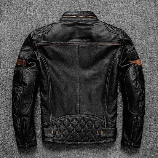 First Layer Cowhide Leather Coat Men's Stand Collar Motorcycle Cycling Clothing - Velora