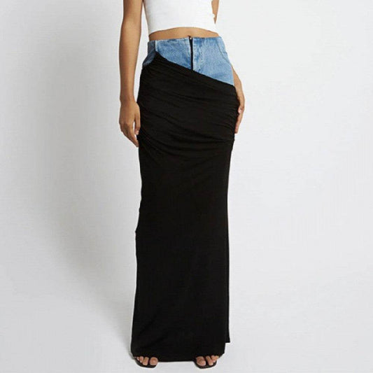 Fashion Black Panel Long Pencil Denim Skirt - Velora