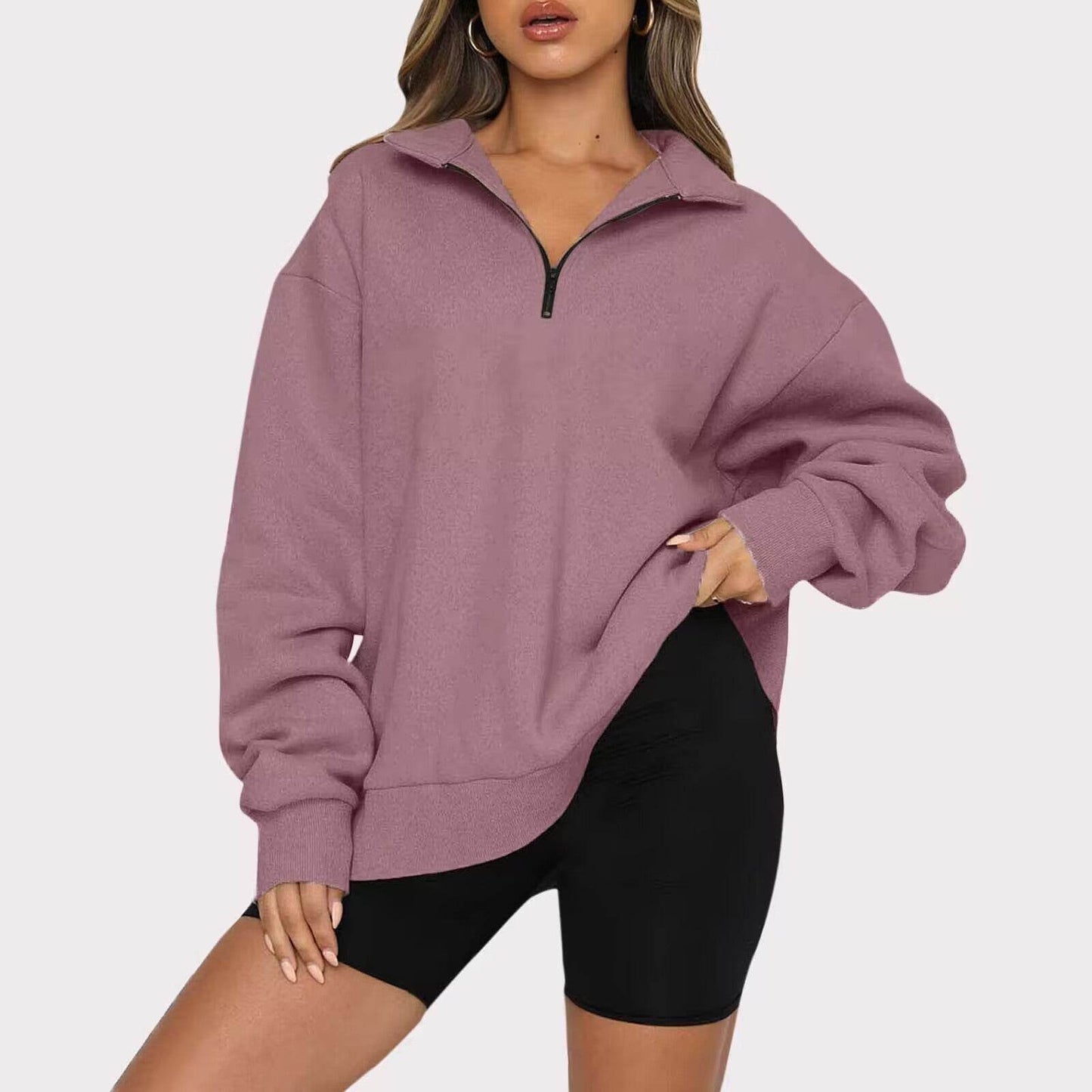Women Sweatshirts Zip Turndown Collar Loose Casual Tops Clothes - Velora