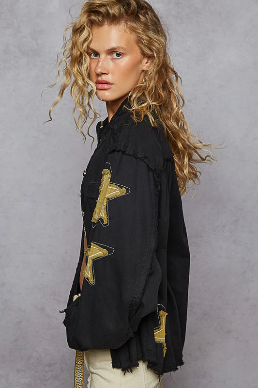 POL Star Patch Raw Hem Button Up Denim Jacket - Velora