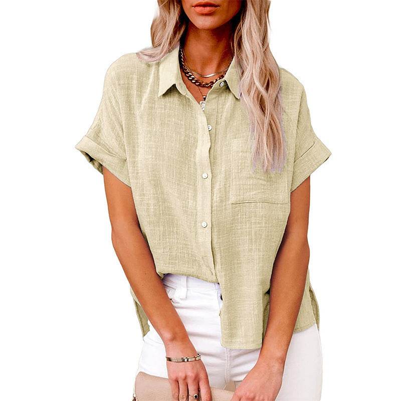 Summer Lapel Short Sleeve Shirt With Pockets Fashion Casual Solid Color Button Tops Women's Clothing - Velora