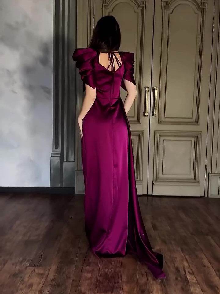 Elegant Puff Sleeve Pleated Slit Maxi Dress - Velora