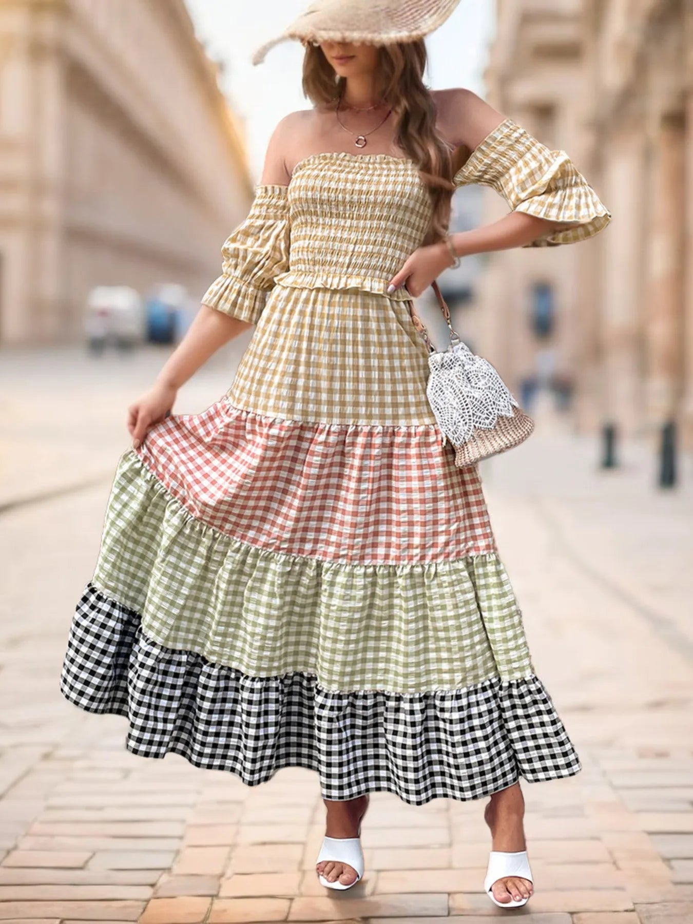 Color Block Plaid Off-Shoulder Maxi Dress - Velora