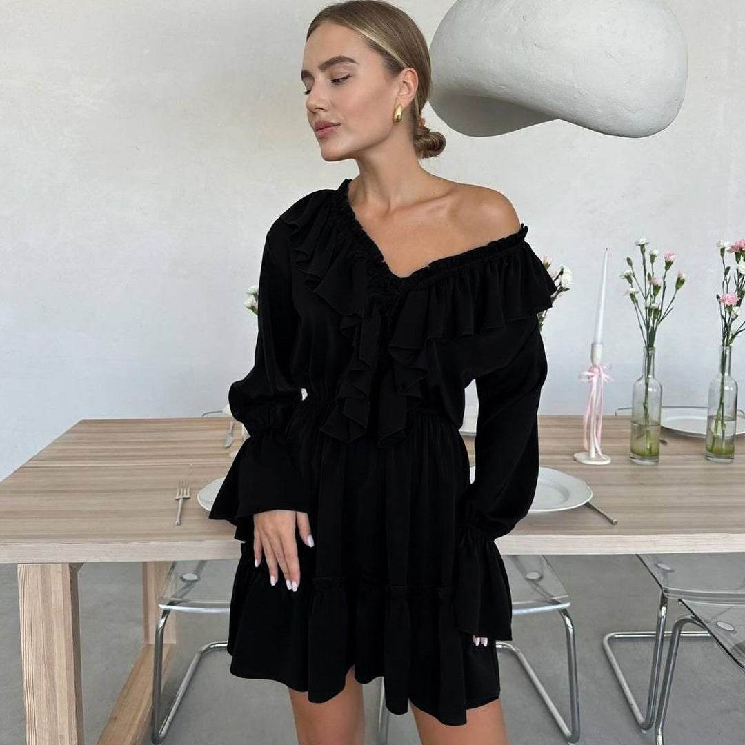Fashion V Neck Pleated Ruffle Long Sleeve Dress Y2K V Neck Flared Sleeve Short Dress Women's Clothing - Velora