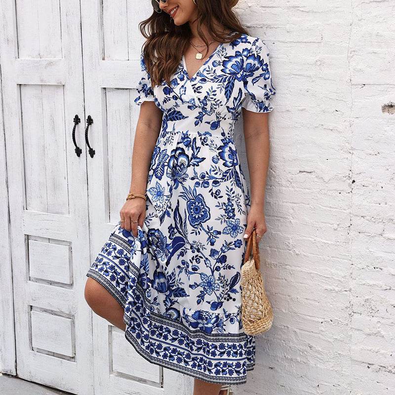 Puff Sleeve dress V Neck Blue Floral Bohemian Midi Dress - Velora