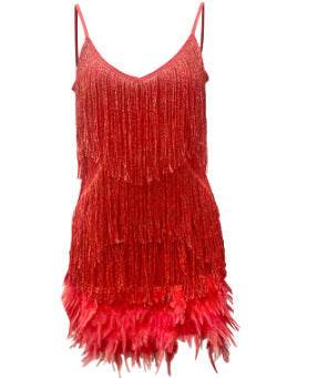 Sexy Tassel Sequins Feather Summer Mini Dress Women V Neck Spaghetti Strap Stitching Dresses Female Elegant Evening Party Club Dress - Velora