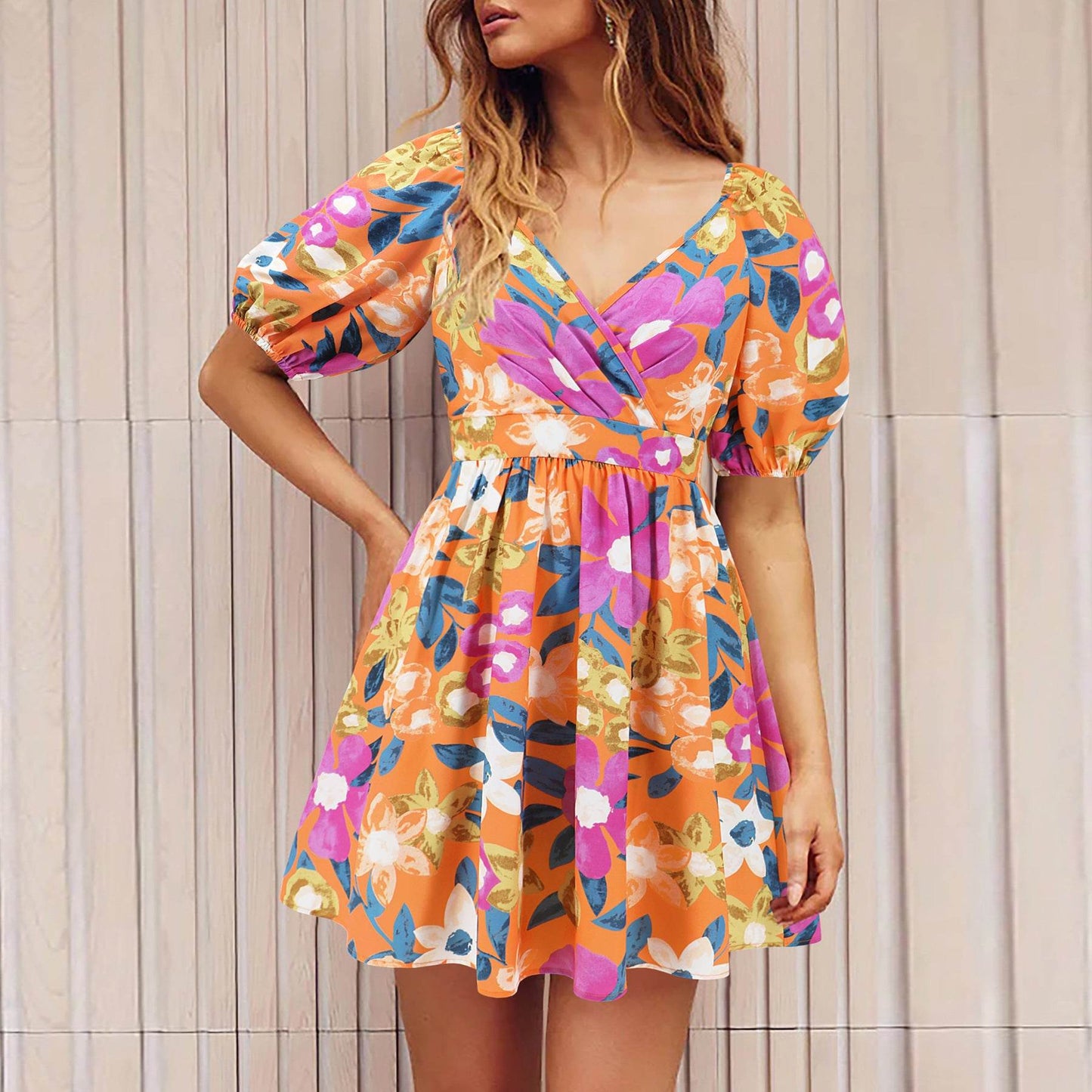 Flowers Print V-Neck Lantern-sleeve Dress Y2K Summer Vacation Beach Short Dresses Fashion Womens Clothing - Velora
