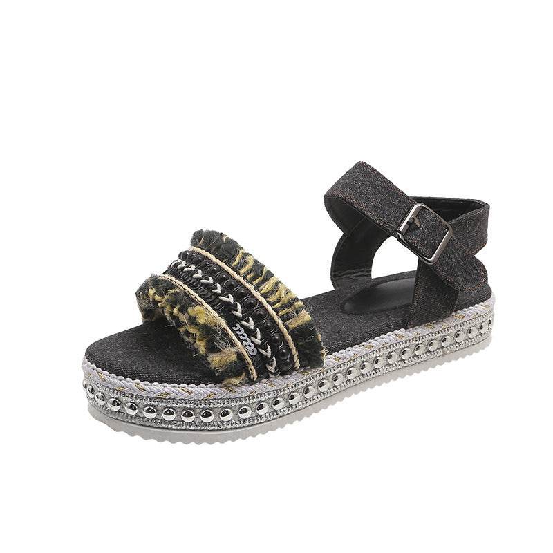 Fashion Tassel Denim Sandals With Thick-soled Flat Heel New Summer Hemp Rope Sole Ethnic Style Shoes For Women - Velora