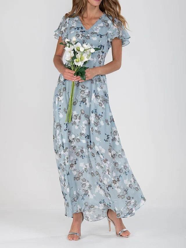 Flowers Print Short Sleeve Dress Summer Fashion Ruffle Beach Dresses Women's Clothing - Velora