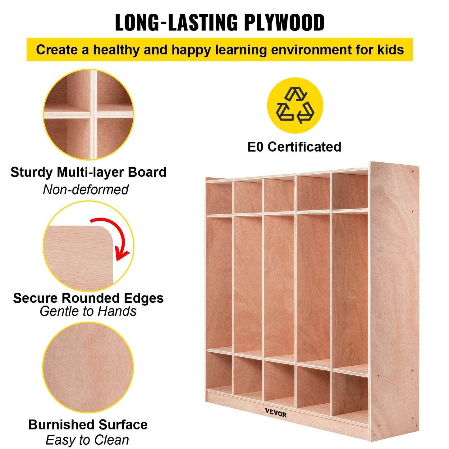 Preschool Cubby Lockers 5-Section Plywood Birch Coat Locker 15MM Thickness Kids Locker For Home 48.4 Inch High Durable Classroom Lockers For Toddlers And Kids Commercial Or Personal Use - Velora