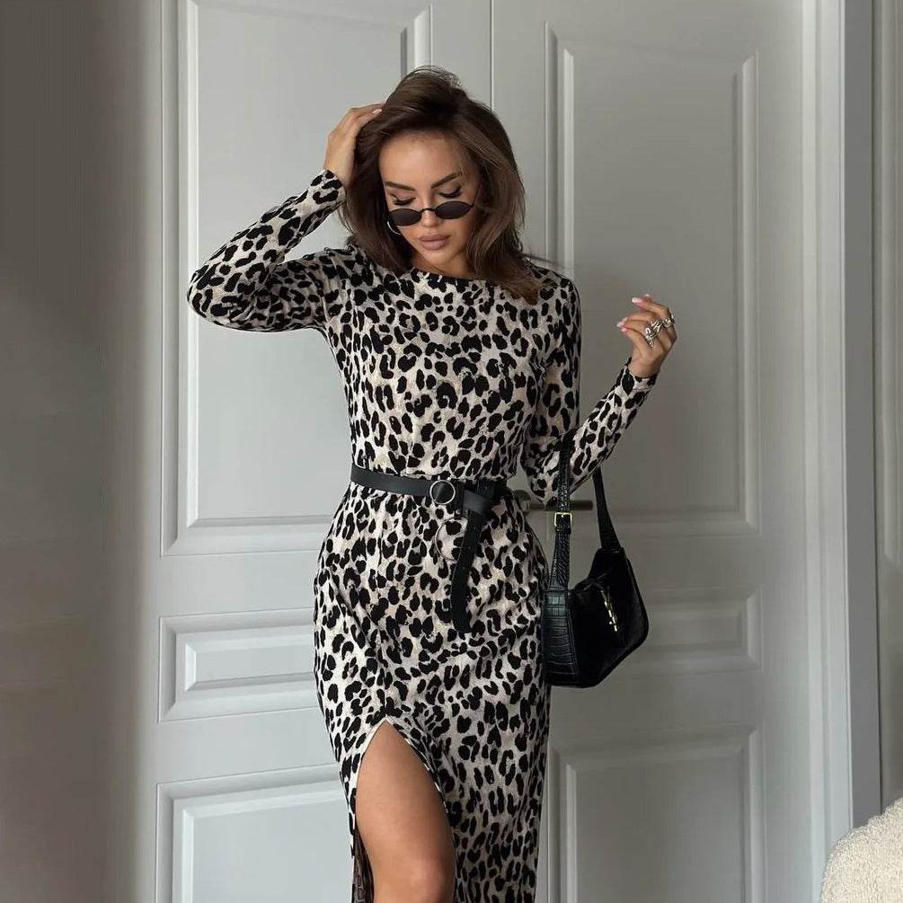 High Slit Leopard Print Dress Slim Fit Women - Velora