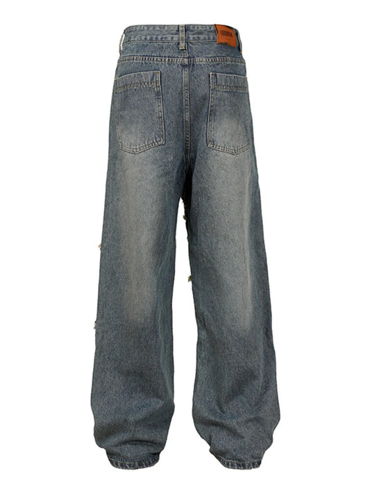 Men's Wide Leg Jeans with Frayed Seam Details - Velora