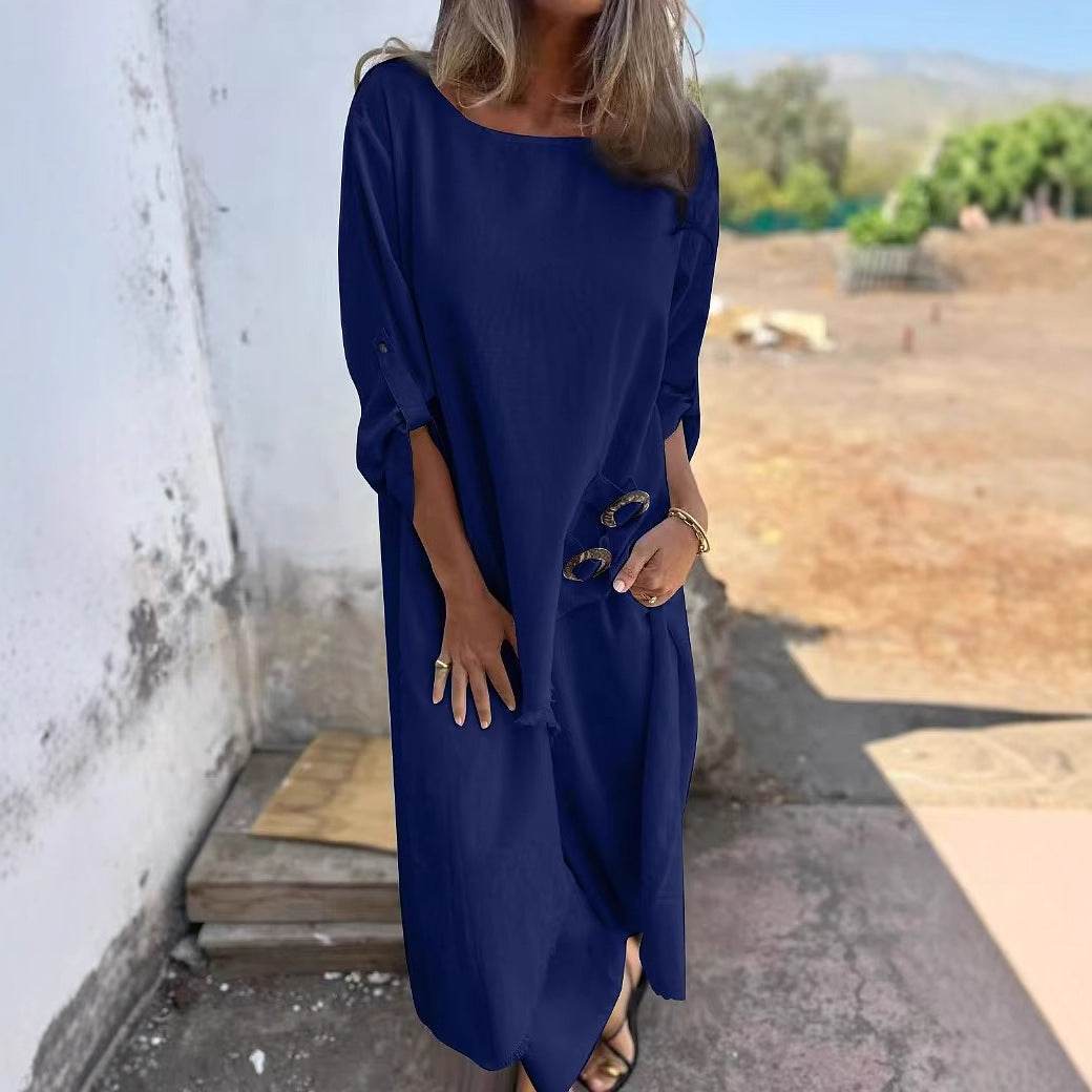 Loose Irregular Long Suit With Metal Button Design Round Neck Long-sleeved Top And Straight Trousers Fashion Wide-leg Pants Women's Clothing - Velora