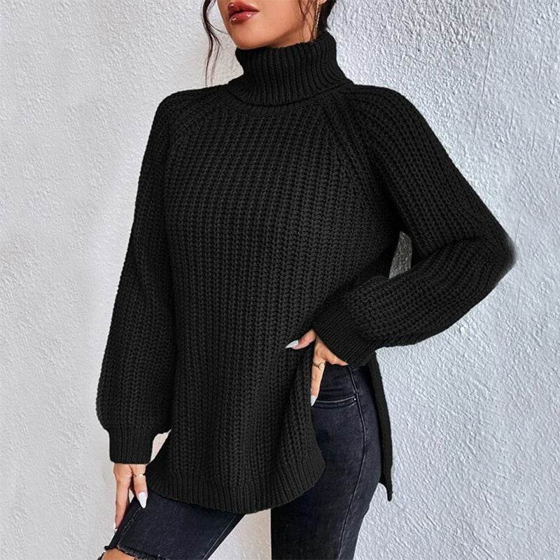 Turtleneck Pullover Sweater With Split Design Fashion Simple Solid Color Long Sleeve Tops Women's Clothing - Velora