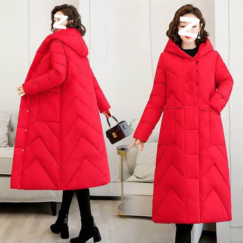 Plus Size Overknee Long Warm Hooded Cotton Jacket - Velora
