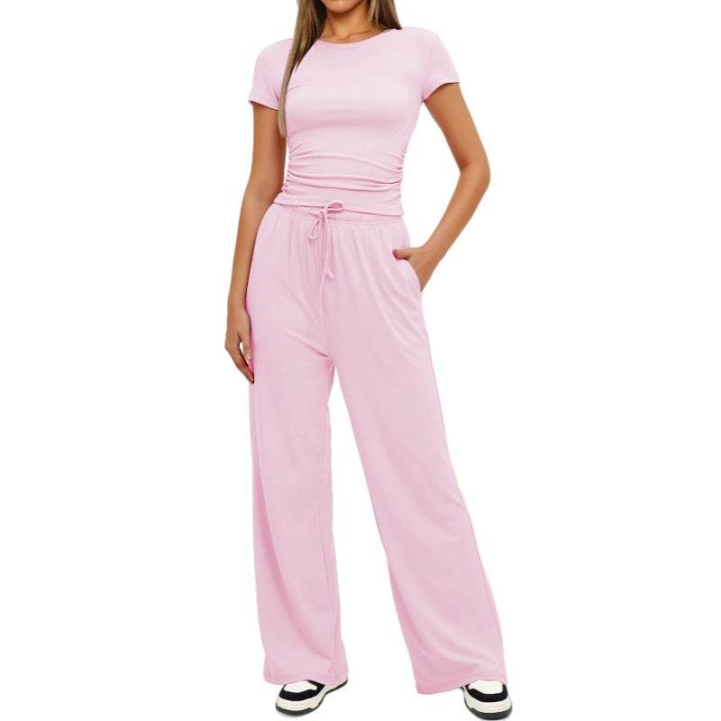 Fashion Casual Set Pleated Short Sleeves Top And Trousers - Velora