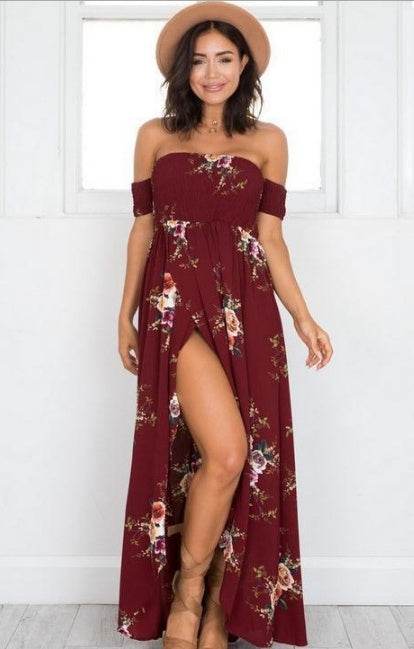 Elegant Ladies Summer Boho Vacation Resort Slit Maxi dress off shoulder Long floral Beach summer slit dress - Velora