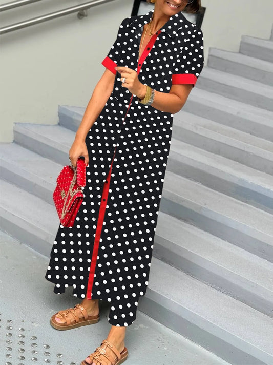 Polka Dot Short Sleeve Maxi Shirt Dress - Velora