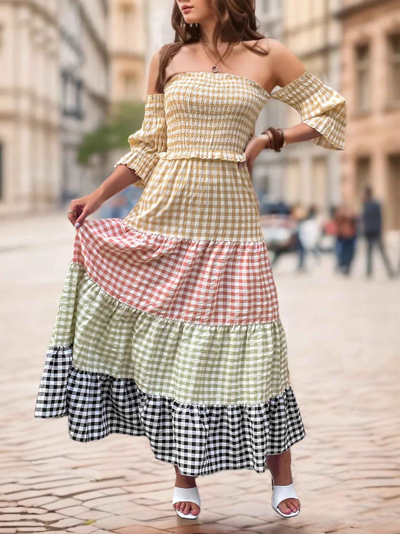 Color Block Plaid Off-Shoulder Maxi Dress - Velora