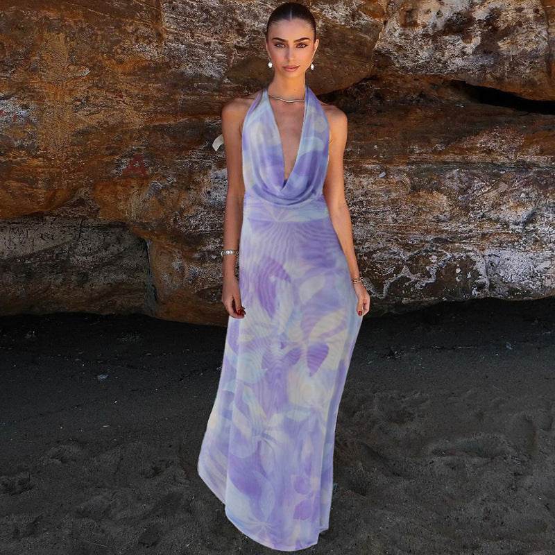 2pcs Tie Dye Printing Deep V-neck Suits Fashion Halter Backless Long Dresses For Beach Party Womens Clothing - Velora