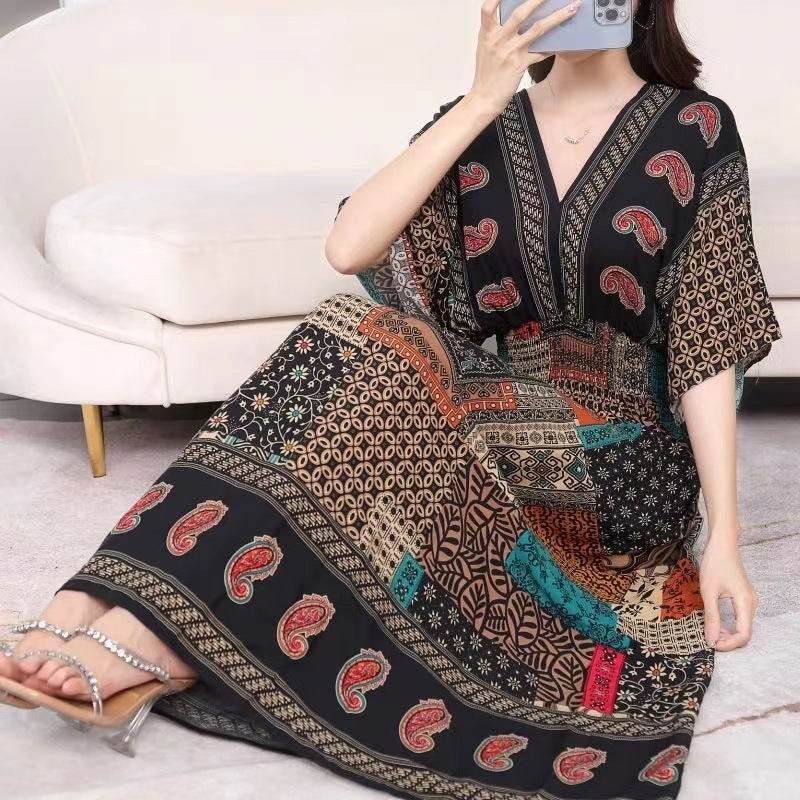 Cotton Silk Floral Dress Women's Summer Ethnic Style V-neck Short Sleeve Pastoral Style Skirt - Velora