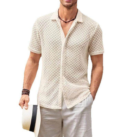 Fashion Solid Color Polo Collar Short Sleeve Mesh Shirt Tops Men Clothing - Velora