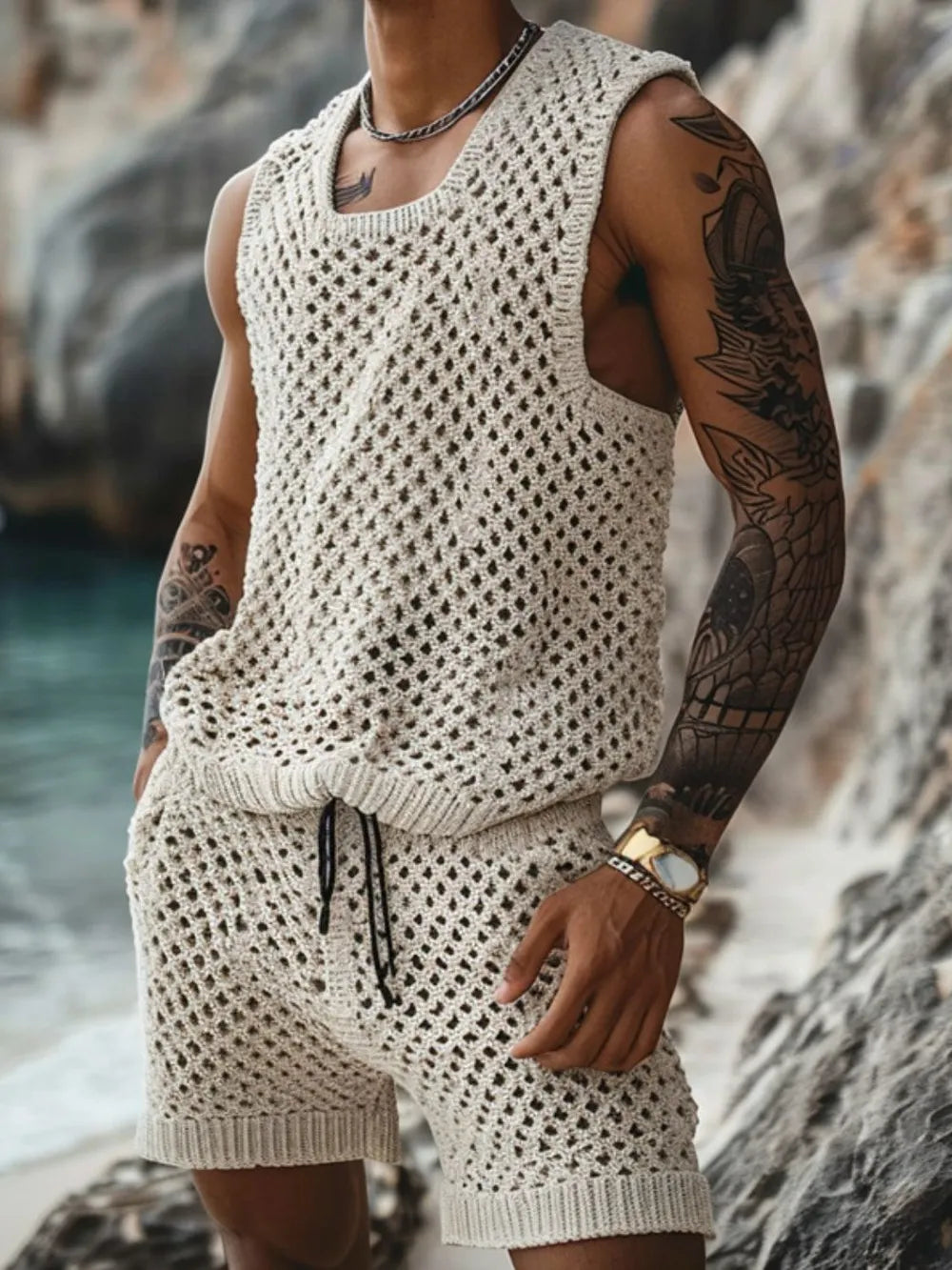 Men's Plus Size Hollow Out Round Neck Tank and Shorts Set - Velora