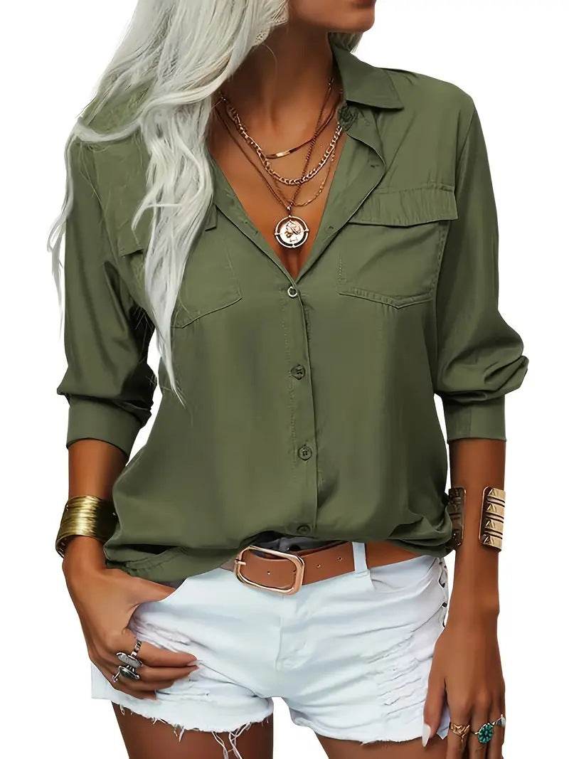 Women's Elegant Solid Chiffon Blouse Spring Summer Casual Long Sleeve V Neck Loose Shirt Office Lady Tunics Tops - Velora