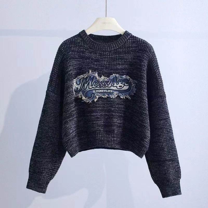Tassel Denim Pattern Round Neck Sweater Top - Velora