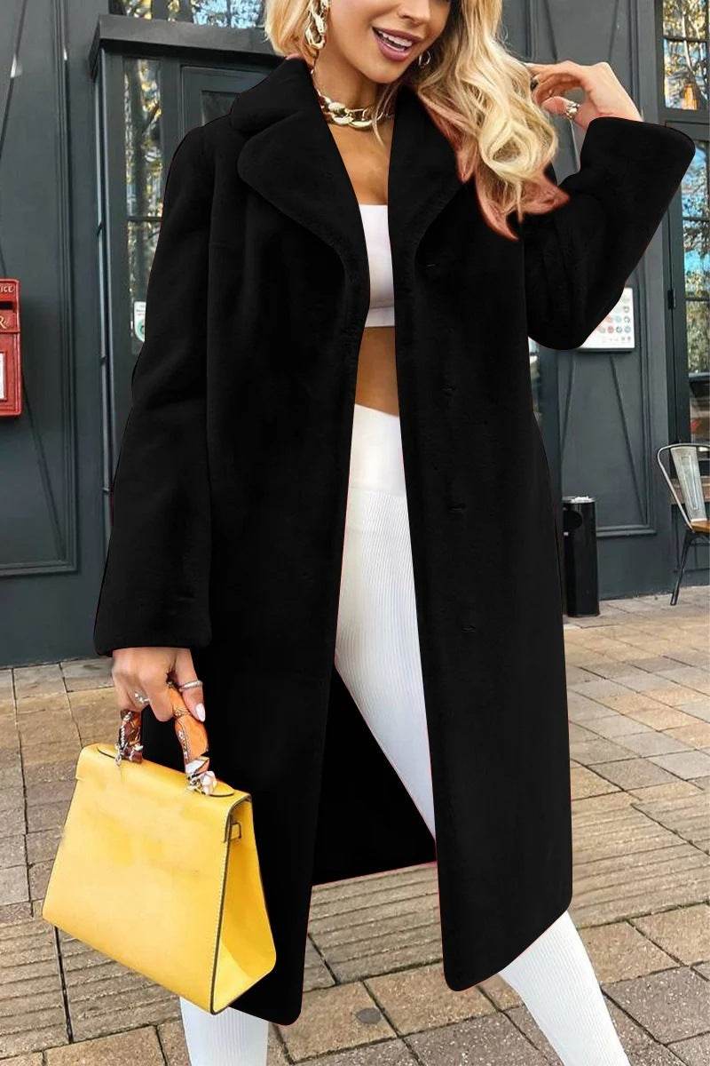 Women's Fashionable Elegant Lace-up Turn-down Collar Plush Long Coat - Velora
