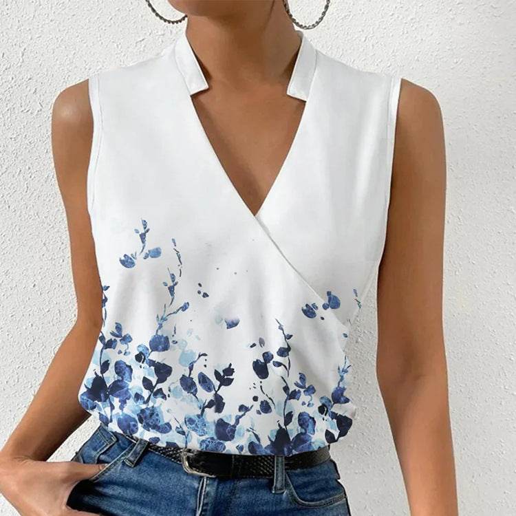 Casual Printed Tops Summer V-neck Sleeveless T-shirt Womens Clothing - Velora