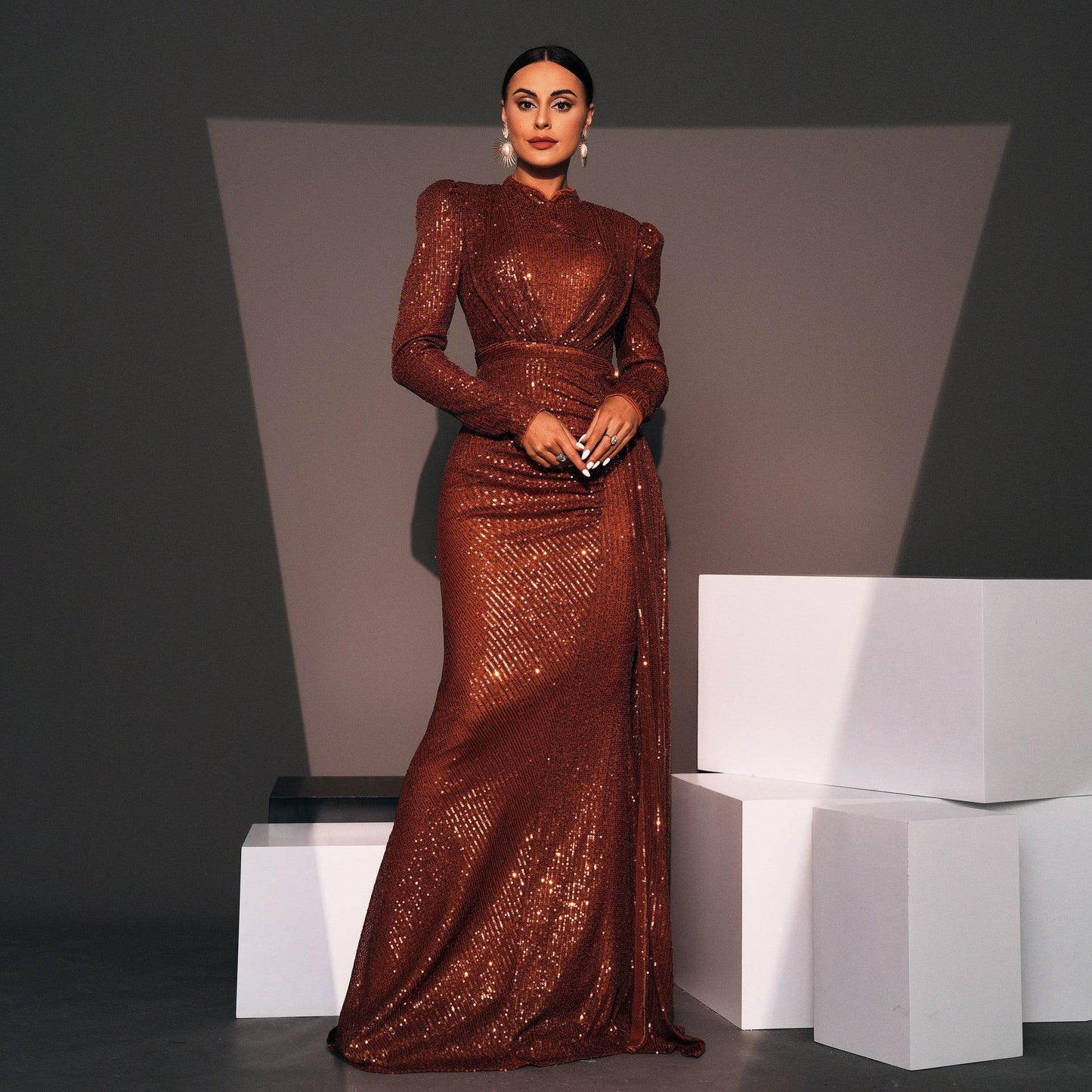 Long Sleeve Round Neck Sexy Slim Long Sequined Banquet Dress - Velora